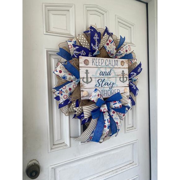 Nautical Wreath, “Keep Calm & Stay Anchored” Coastal Beach House Decor, Handmade - Picture 2 of 8